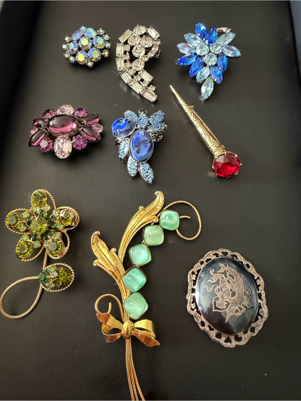 Lot of 9 Vintage Brooches – One Marked Sterling